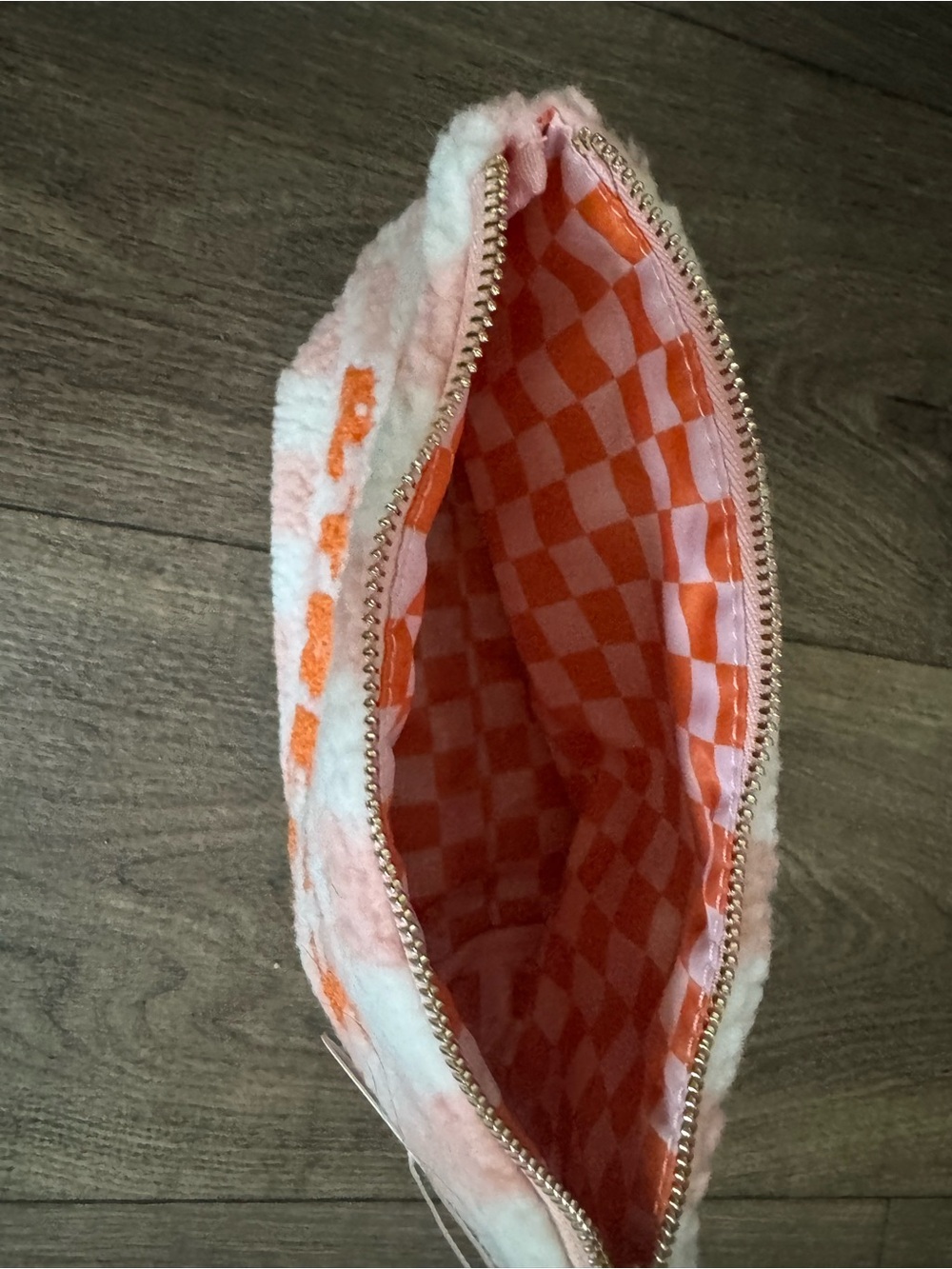 Pink Check Plush Cosmetic Pouch with Orange Lettering - Picture 5 of 5